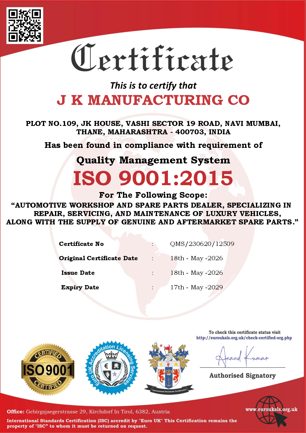 ISO 9001:2015 Certificate - J K Manufacturing Co